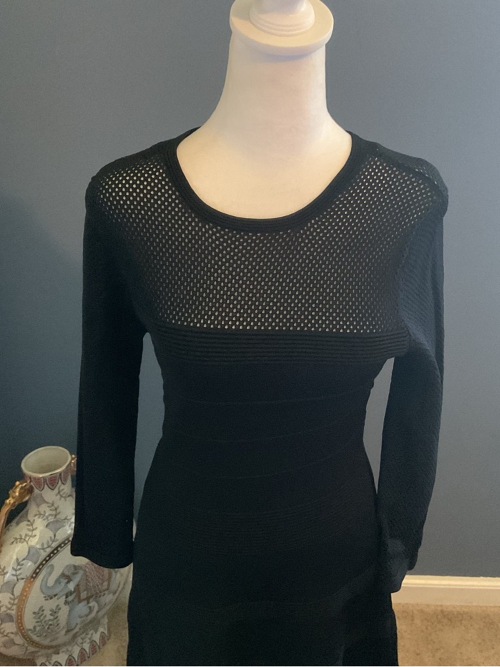 Vince Camuto Black Long-Sleeve Mesh Yoke A-Line Dress - Picture 4 of 6
